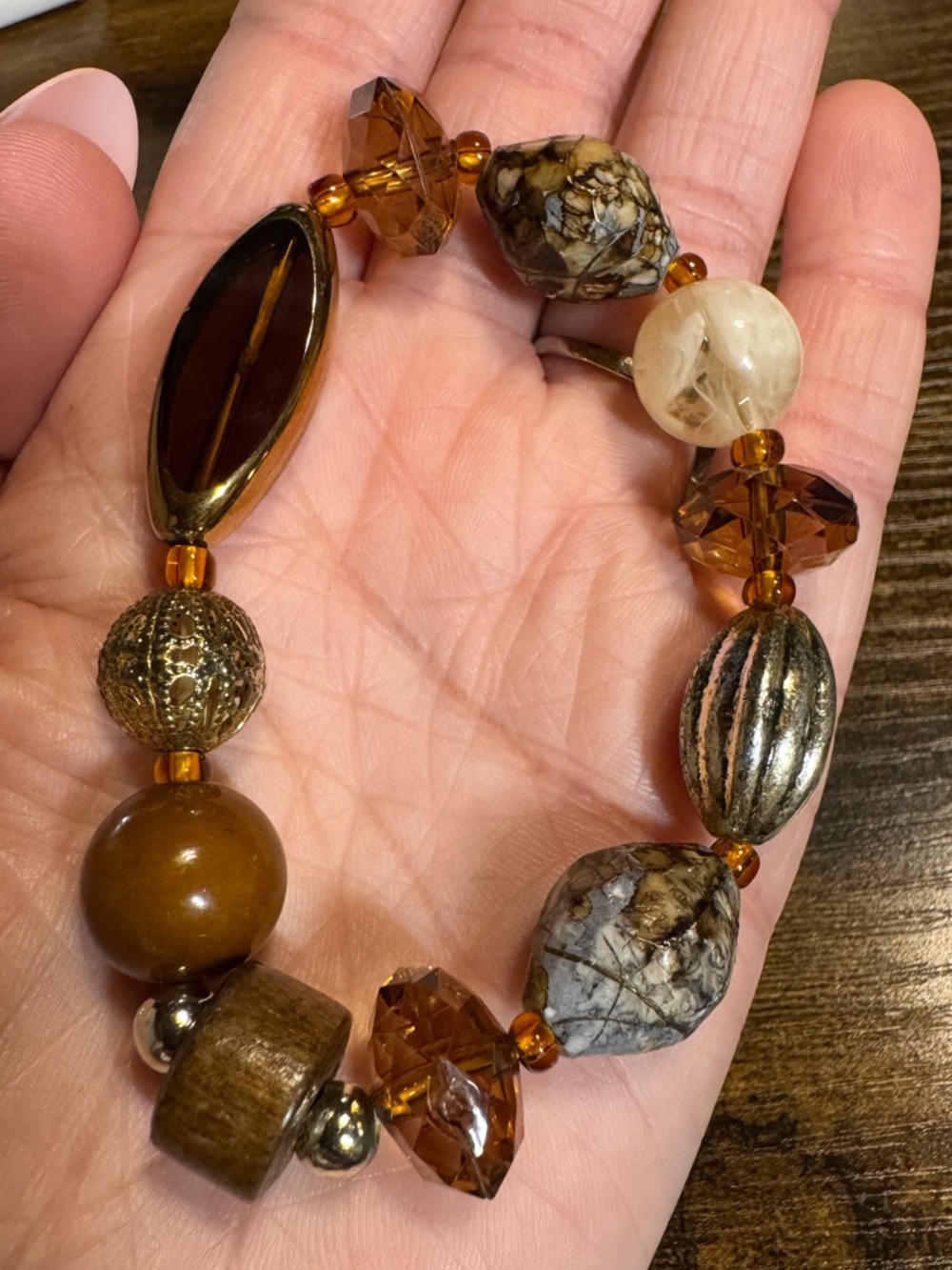 *Boho Mixed Bead Stretch Bracelet Brown Amber Neutral Chunky Statement